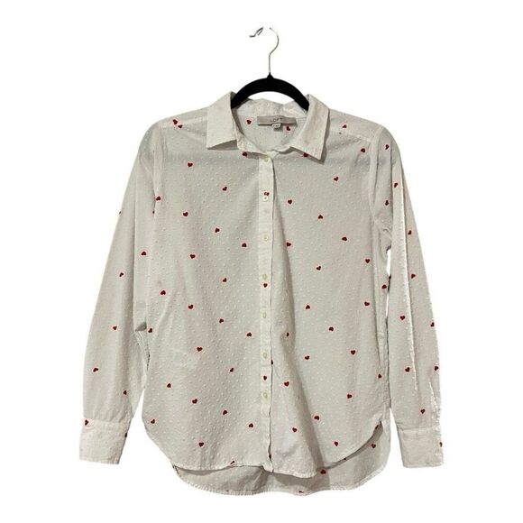 LOFT Womens Size Small White Swiss Dot Heart Print Button Down Shirt - Picture 1 of 4